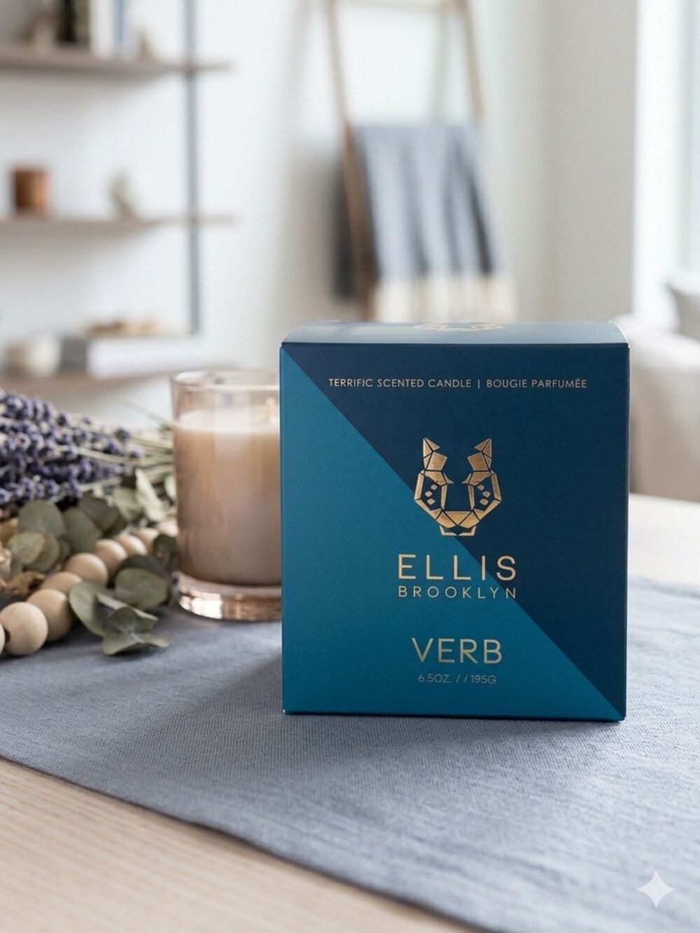 Ellis Brooklyn Verb Scented Candle - Teal Blue & Gold Box